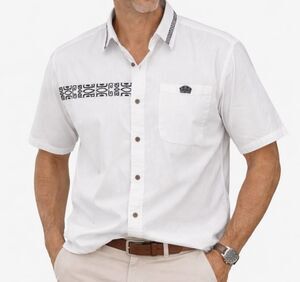 Men Medium White Short Sleeve Button Front Embroidered Tribal Accent 100% Cotton